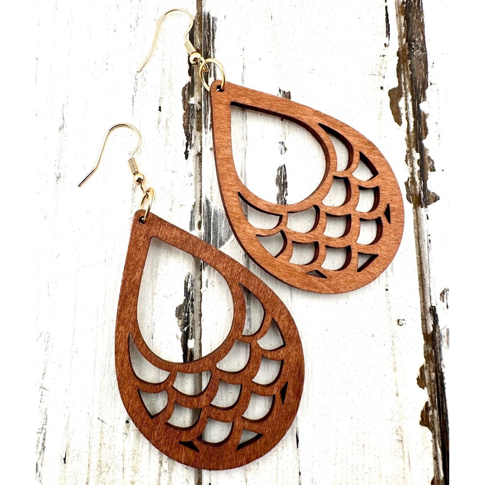 Mermaid Scales Teardrop Laser Cut Wood‎ Chestnut Stained Earrings